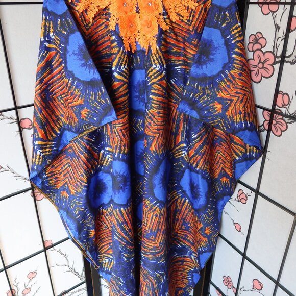 African Vibrant Blue and Orange Kaftan Bubu Gown NWOT 1 Size - Picture 3 of 16